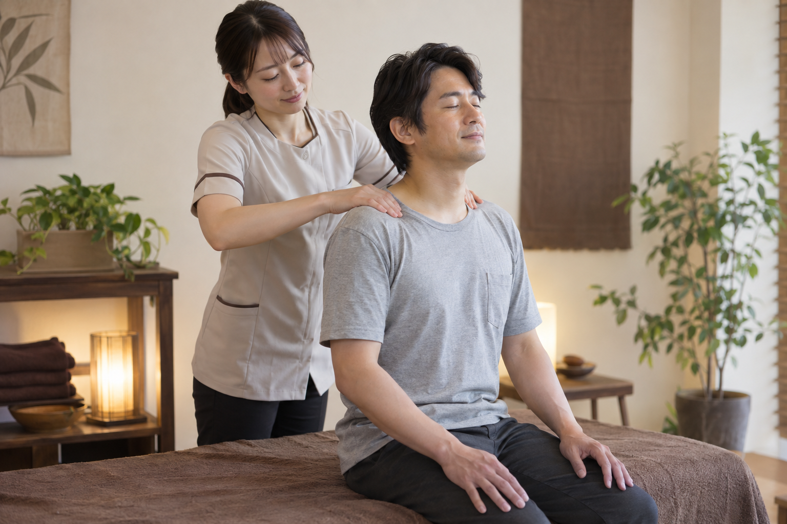 Massage therapist kneading the shoulders of a seated male client wearing a cotton T-shirt.