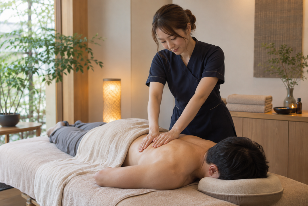 Massage therapist applying pressure to a male client’s upper back in a calm treatment room.