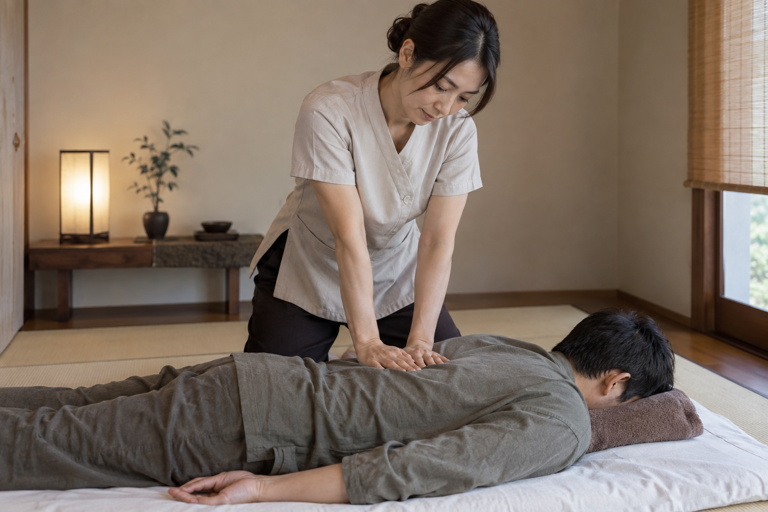 Massage therapist applying palm pressure to a clothed male client’s upper back on a floor futon.
