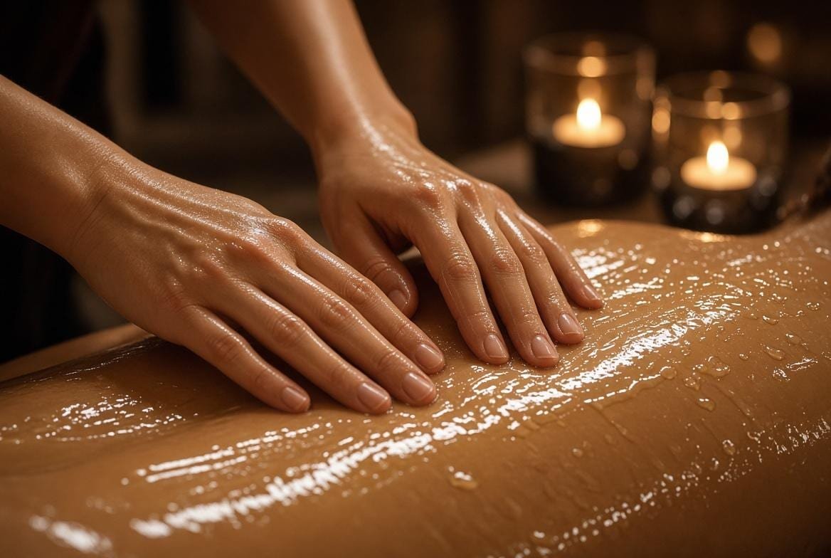 Adult man lying on a massage table, torso glistening with oil, sheet at the hips