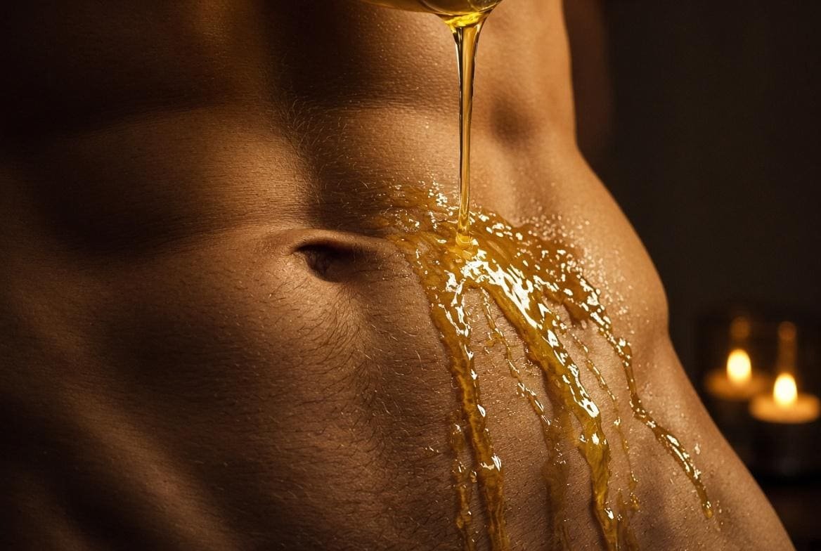 Warm oil poured across an adult man's lower abdomen in candlelight