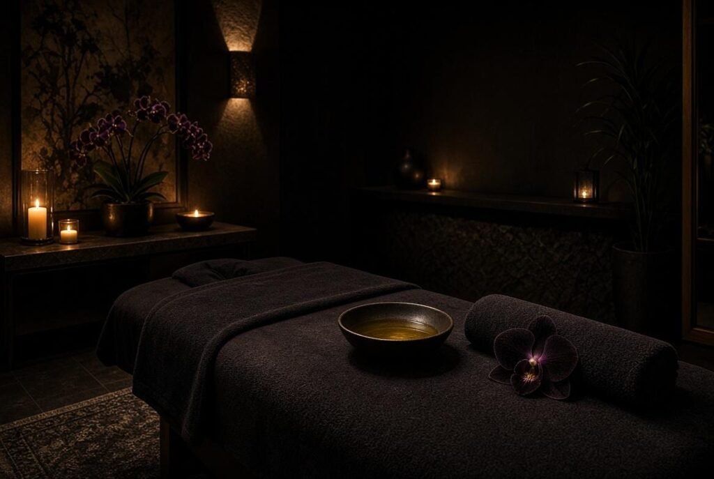 Oiled hands moving slowly over warm skin in candlelight