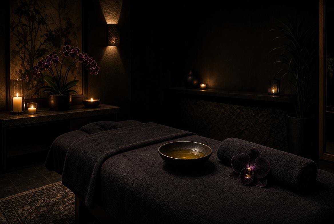 Oiled hands moving slowly over warm skin in candlelight